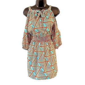 Trac Cold Shoulder teal and orange abstract Dress small